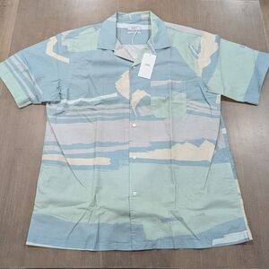 Mens CLOSED Floral SS Button-Up Camp Shirt Blue Agave